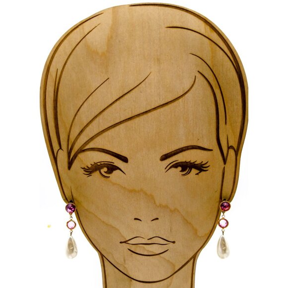 Baroque Pearl Teardrop Dangle Vintage Earrings, Gold Tone with Pink Bezel Set Cr - Picture 3 of 3